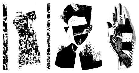 Abstract human figures and hand in black and white vector collage