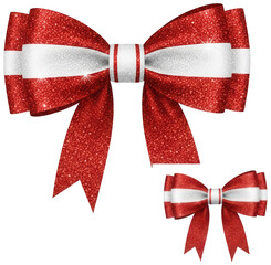 Two glittering red and white bows with sparkle texture for festive decoration