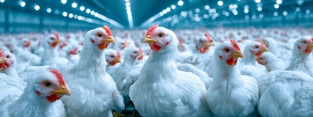 A group of white chickens are standing in a pen. The chickens are all facing the camera. The image has a calm and peaceful mood