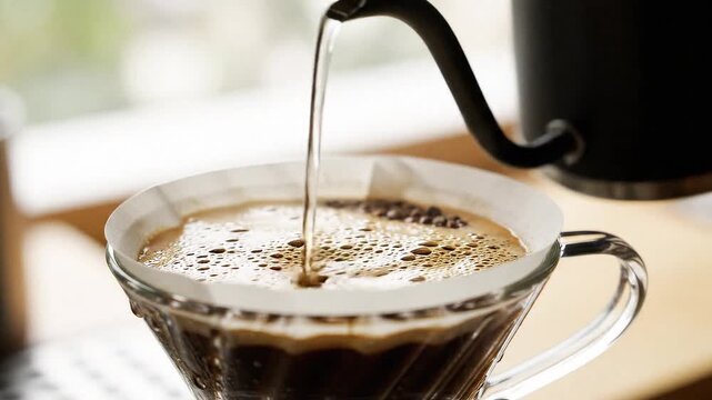 v60 coffee pour over. macro shot Hand pours water over coffee grounds. brewing, morning routine, and aromatic coffee preparation. 