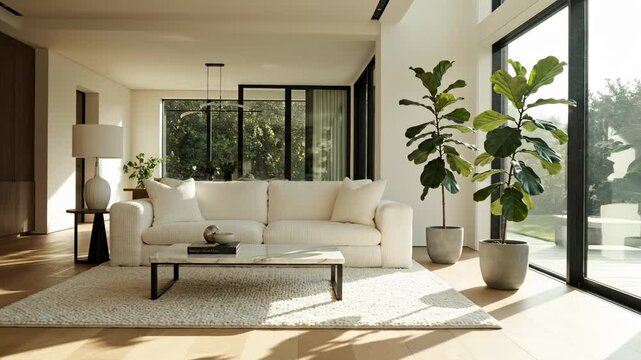 Wide angle static shot capturing the peaceful stillness of a spacious modern living room featuring a minimalist white sofa and tall potted plants near a large window interior, property, modern