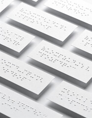 Braille alphabet neatly printed on clean white sheets, soft shadows, minimalistic stock style, ideal for social media banners, symbolizing accessibility, literacy, and inclusive education