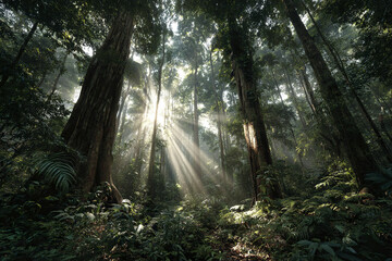 Fototapeta premium Sunlight beams shining through tall tree trunks in dense tropical jungle with lush green foliage and mist creating serene and magical atmosphere in forest