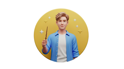 Cartoon Wizard Boy with Magic Wand