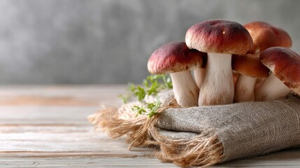 A bunch of mushrooms are on a table with a cloth. The mushrooms are red and brown in color