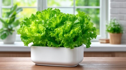 A small white planter with a green plant inside. The plant is a type of lettuce. The planter is placed on a wooden table