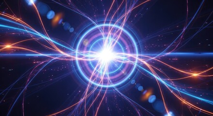 Vibrant glowing light with radiant beams and energy pulses in a dark space background with dynamic streaks and lens flares
