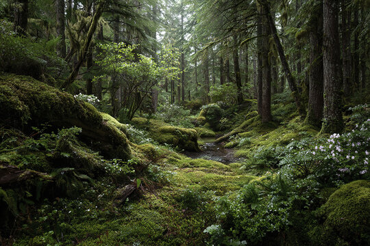 Temperate rainforest ecosystem with dense plant life, moss, fern, and tall trees creating lush, serene environment filled with vibrant greenery and soft natural light