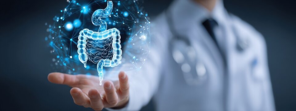 Expert doctor demonstrating advanced gut health technology during a medical conference in a clinical setting