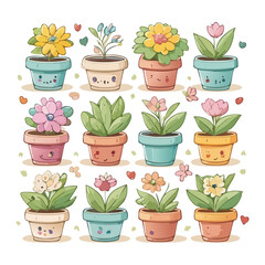 collection of cute cartoon succulent plants and flowers in colorful pots for home garden and interior decoration