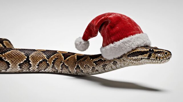 A highly detailed CGI python slowly slithering sideways across a seamless white void while wearing a festive red Santa hat in extreme slow motion winter, christmas, animation