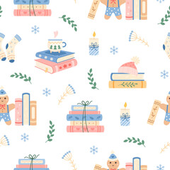 Obraz premium Cozy winter books seamless repeat pattern. Christmas bookish background, Book lover print, Holiday reading, Pastel bookstore graphic.