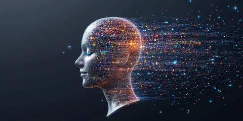 Digital Avatar Dissolving into Binary Data, Representing Future Technology and AI Transformation