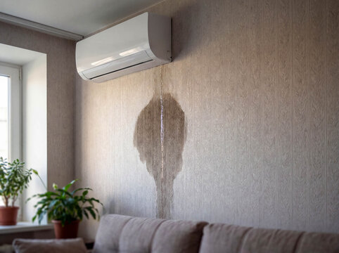 Leaking air conditioner unit on wall with water stain house maintenance repair problem damage emergency accident insurance claim home technician service background