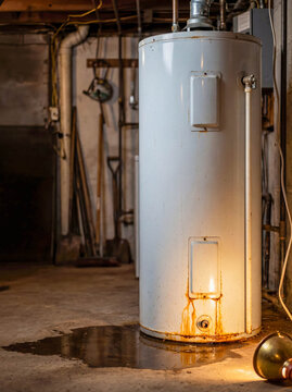 Leaking water heater tank in basement plumbing emergency repair maintenance house damage accident flood insurance claim plumber service professional household problem background