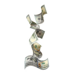 Flying hundred dollar banknotes, isolated on transparent cutout background