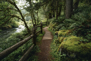 Forest trail with wooden fence and moss covered rocks along flowing river, surrounded by lush green ferns and tall trees creating peaceful nature scene
