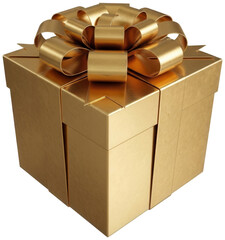Elegant gold gift box with a golden ribbon and bow isolated on a transparent background for celebrations