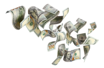 Flying hundred dollar banknotes, isolated on transparent cutout background