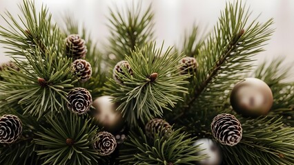 Close-up of Fresh Green Pine Tree Branch with Cones, Natural Christmas and Winter Forest Decoration