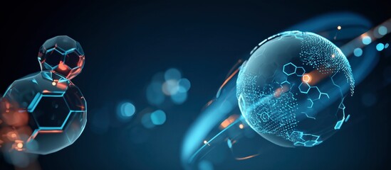 Abstract Technology Background, Blue 3D Spheres, Digital Network Connection, Global Science Concept, Molecular Hexagon Structure, Futuristic Innovation, Smart Data, Panoramic Banner, Copy Space