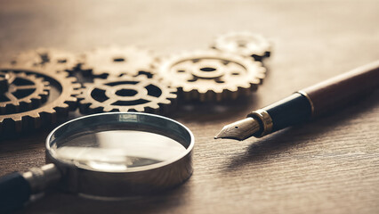 Magnifying glass and fountain pen with gears on wooden surface mechanical