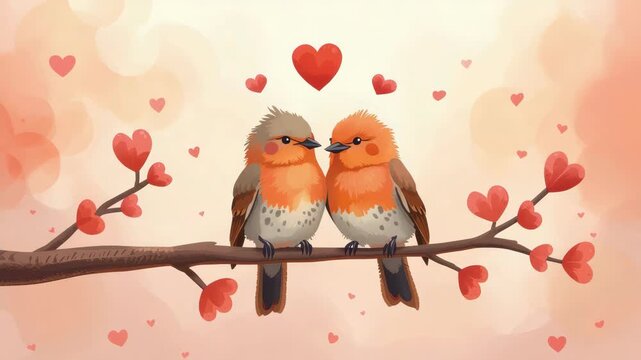 Orange love romance two small bird on branch with heart shaped leaves and warm heart glow
