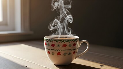 Close-up of a Decorative Mug with Rising Steam on a Rustic Wooden Surface, Winter Cozy Beverage Concept