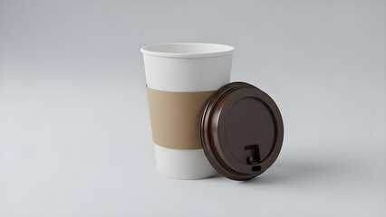 White Coffee Cup with Brown Sleeve on a Plain Grey Background, Minimalist Lifestyle and Cafe Branding
