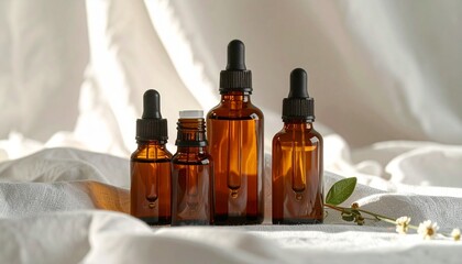 Four amber glass dropper bottles on white fabric with small white flowers and green leaf