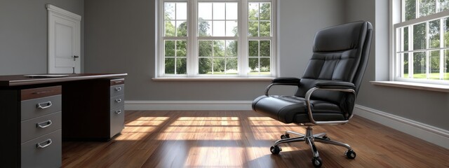 A black office chair is placed in front of a desk with a window. The room is well-lit