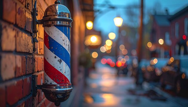 Vintage barber pole sign mounted on red brick wall with chipped paint in evening city street