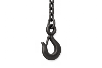 Heavy industrial crane hook with chain on transparent background