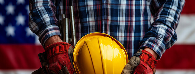 close-up of a worker holding a yellow helmet near an american flag, 