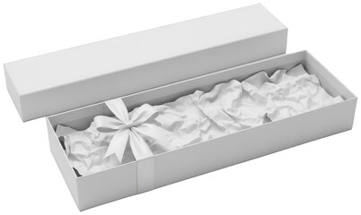 Long rectangular white gift box open lid with crumpled tissue paper lining and ribbon