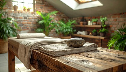 Wooden massage table with folded beige towels and smooth stone on top in a spa room with brick walls and green plants