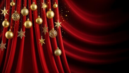 Red Velvet Curtain Background with Hanging Golden Ornaments, Theater and Festive Stage Concept