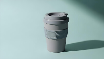 Matte Grey Disposable Coffee Cup Mock-up on a Pastel Blue Background, Trendy Cafe Branding Design.