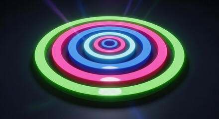 Vibrant concentric circles in neon green, pink, and blue on dark background, glowing with radiant light