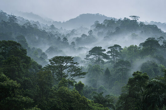 Tropical forest morning fog lush treetop misty hills serene nature landscape with dense green foliage and tranquil atmosphere
