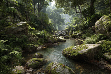 Obraz premium Tropical forest stream with clear water flowing over mossy boulders surrounded by dense green ferns and tall trees under soft natural light creating peaceful atmosphere