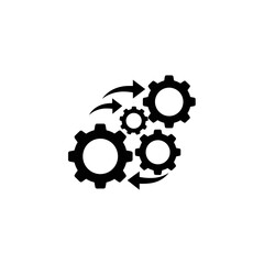Fototapeta premium A sleek, minimalist black and white icon depicting multiple interconnected gears with arrows, symbolizing efficient process, workflow, and system optimization.