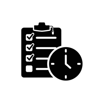 This striking black and white icon depicts a clipboard with a completed checklist alongside a clock, symbolizing efficient task management and timely completion.