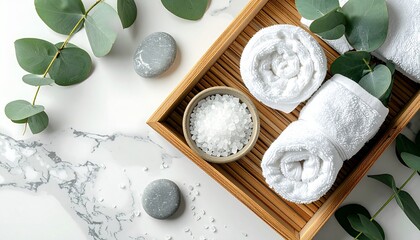 Rolled white towels and bowl of salt on wooden tray with eucalyptus leaves on marble surface