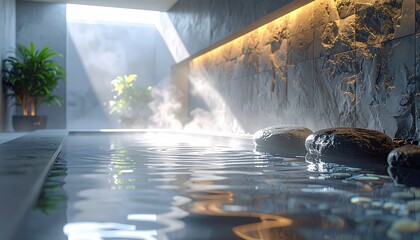 Indoor infinity pool with mist rising from water surface and gray stone wall with warm lighting
