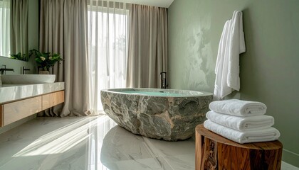 Large stone bathtub filled with water in modern bathroom with green walls and marble floor