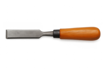 Woodworking chisel tool with wooden handle on transparent background