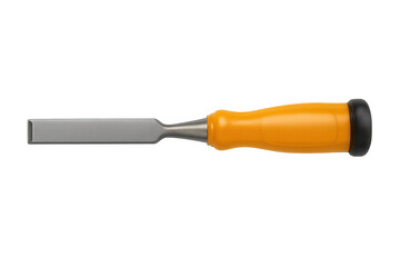 Woodworking chisel tool with orange handle and steel blade