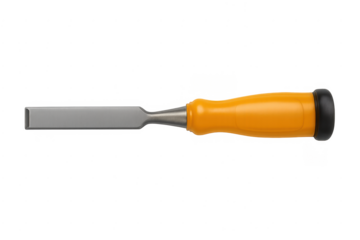 Woodworking chisel tool with orange handle and steel blade