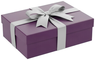 Lavender colored rectangular box with pale silver ribbon and neat tying bow